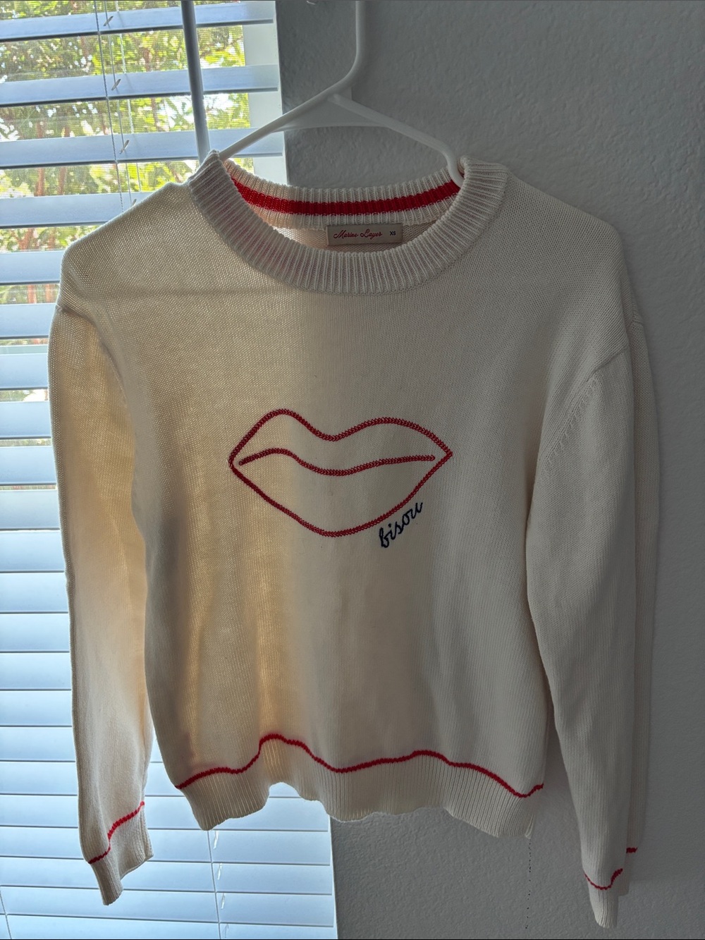Marine Layer Cream Crewneck Sweater with Red Lip Embroidery